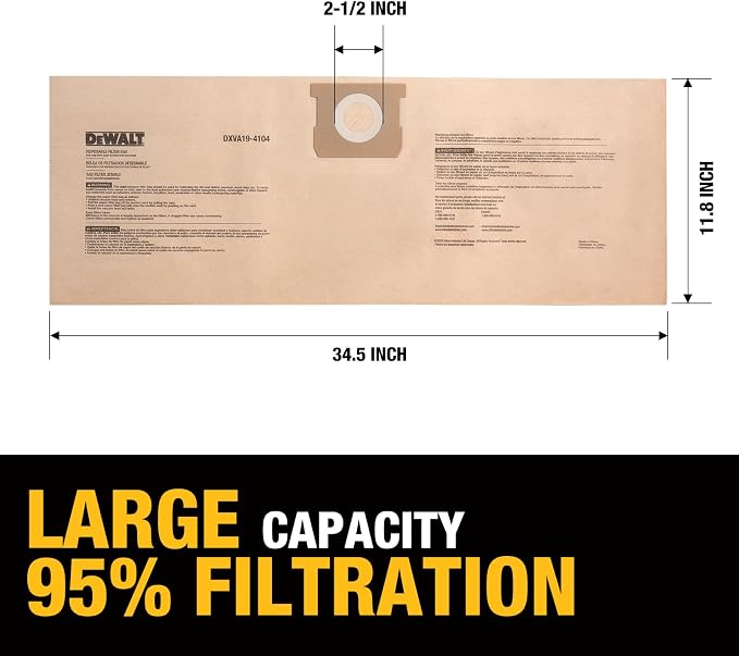 DEWALT DXVA19-4104 Dust Filter Bags, High Efficiency Replacement Bags