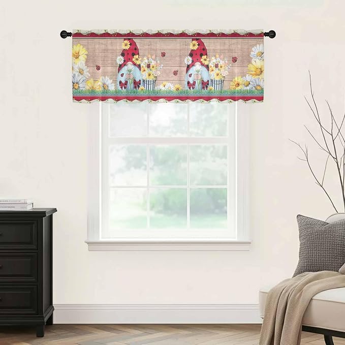 Ladybug Gnome Sheer Valance Curtains, Country Summer Rustic White Yellow Daisy