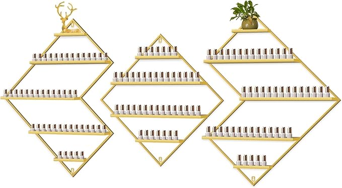 EBANKU Metal Wall Mounted Nail Polish Storage Racks, Gold Display Rack Cosmetic Display Case Lipstick Wall Shelf Essential Oil Organizer for Nail Polish Bottles Spa Nail Salon (Irregular Rhomboid)