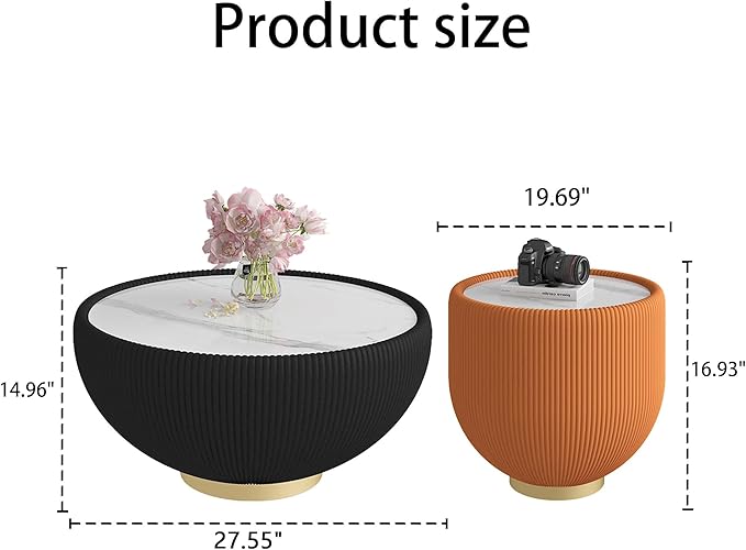 Round Coffee Table Set with Sintered Stone Tabletop, 27.56" Black Drum Center Table and 19.69" Orange Coffee Table Set, 2 Pieces Living Room Table Set with Fluted PU Leather Cover& Metal Base