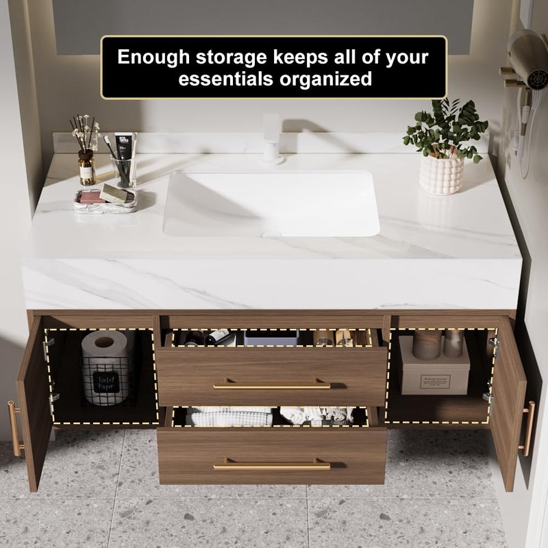Weibath Floating Bathroom Vanity with Sink, 39.5 Inch Modern Bathroom Vanity Cabinet with Sintered Stone Top, Ceramic Undermount Sink, 2 Drawers, Walnut (Wall Mounted, Gold Handle)