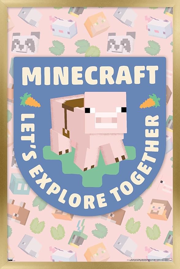 Trends International Minecraft - Let's Explore Together Wall Poster, 34L x 22.4W, Gold Framed Version