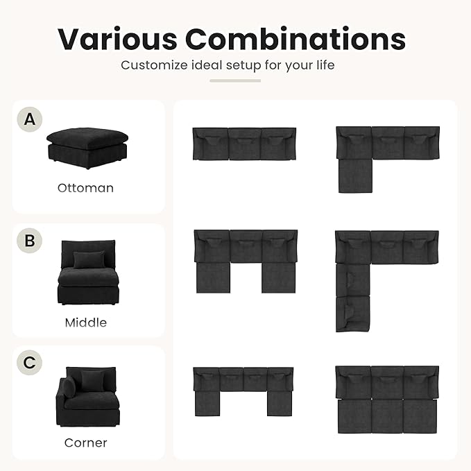 Cloud Modular Sectional Sofa Couch for Livingroom,119inch Down Filled U Shaped Couch with Wide Seat,Convertible Sectional Sofa with Ottoman,Covers Washable&Replaceable,Black