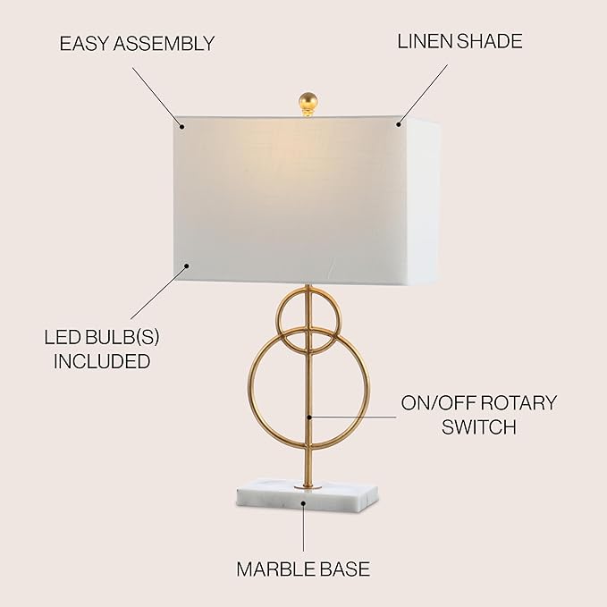 JONATHAN Y 26" Gold Leaf and White Marble Modern Circle LED Table Lamp, Glam Transitional Metal Desk Lamp for Living Room, White Linen Shade, LED Bulb Included JYL1096A