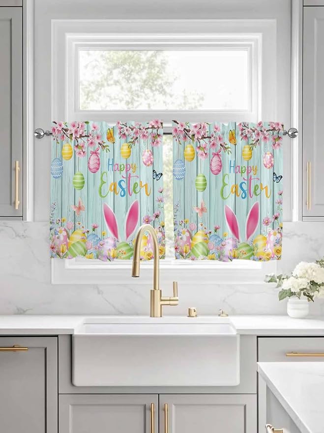 Happy Easter Half Window Curtain 36 Inches Long, Spring Bunny Eggs Flower Teal