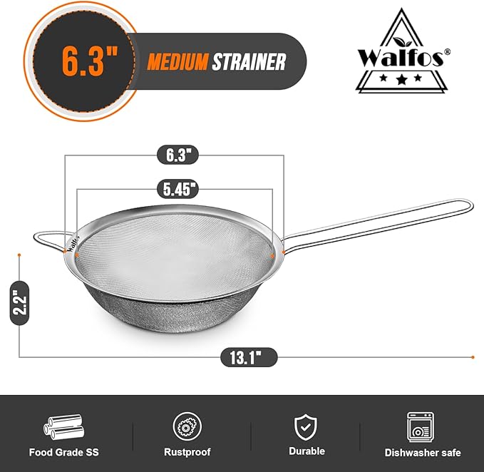 Walfos 6.3 Inch Fine Mesh Strainer, Premium Stainless Steel Sieve and Sifter