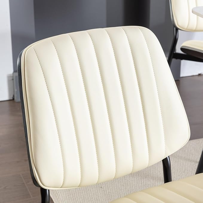 Dining Chairs Set of 2, Mid Century Modern Accent Dining Room and Kitchen Chairs, Upholstered PU Leather Vertical Stripe Chairs for Vanity with Walnut Bentwood and Metal Legs, Beige