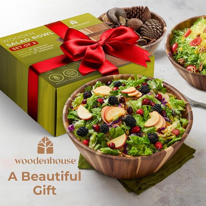 Woodenhouse Wooden Bowls, Wooden Salad Bowl Set of 3 - Round Design Large Salad Bowl Set for Serving, Handmade, Durable and Stylish Natural Wood Dining Accessory
