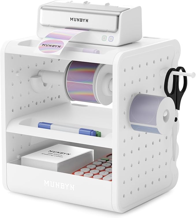 MUNBYN ILH03 4x6 Thermal Label Holder, 5-in-1 Sticker Holder with 3-Tier Shelf, Drawer, Hooks & Pegboard, for Shipping Label Printing, Office, Small Business, Home