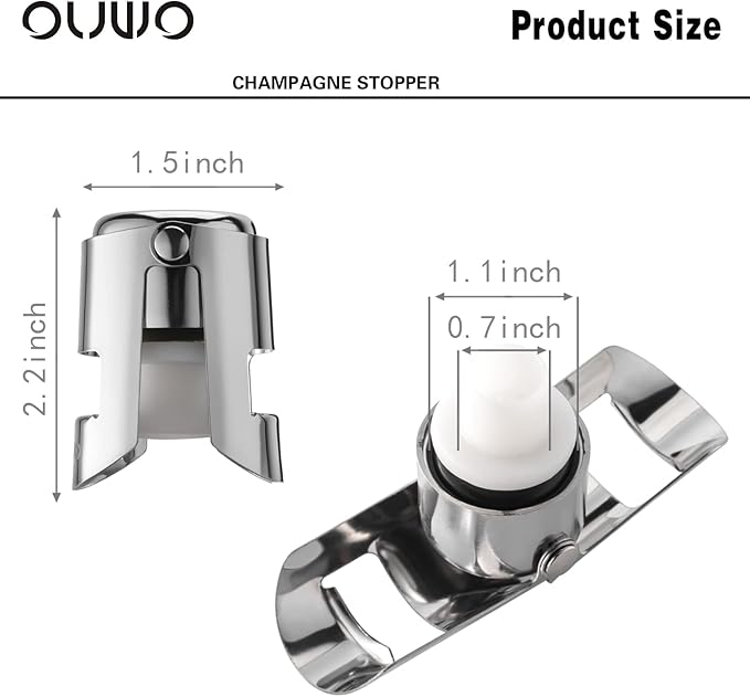 OUWO Champagne Stopper 6 Pack Stainless Steel Champagne Save with Food Grade Silicone, Leak-Proof Bubble Retaining Saver, Suitable for Champagne Prosecco Cava and Sparkling (Silver)