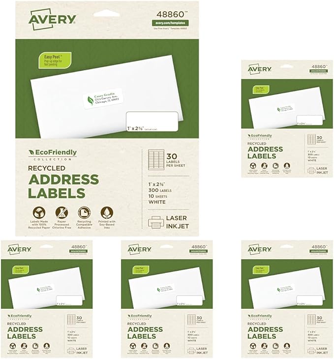 Avery EcoFriendly Recycled Address Labels, 1" x 2-5/8", White, Permanent Label Adhesive, 300 Printable Labels (48860) (Pack of 5)