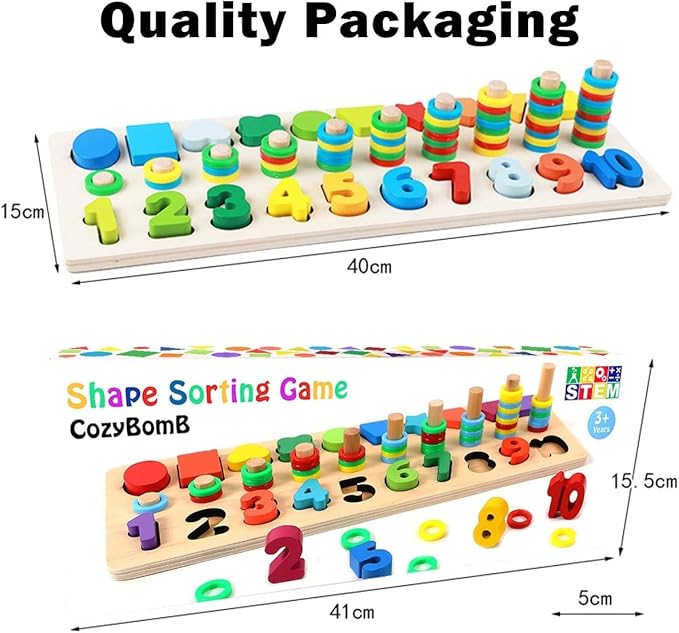 CozyBomB™ Montessori Educational Wooden Toys for Kids Toddler Number Puzzles Sorter Counting Shape Stacker Stacking Game Preschool Math Blocks Toys Gifts for Boy Girl Birthdays Christmas Holidays