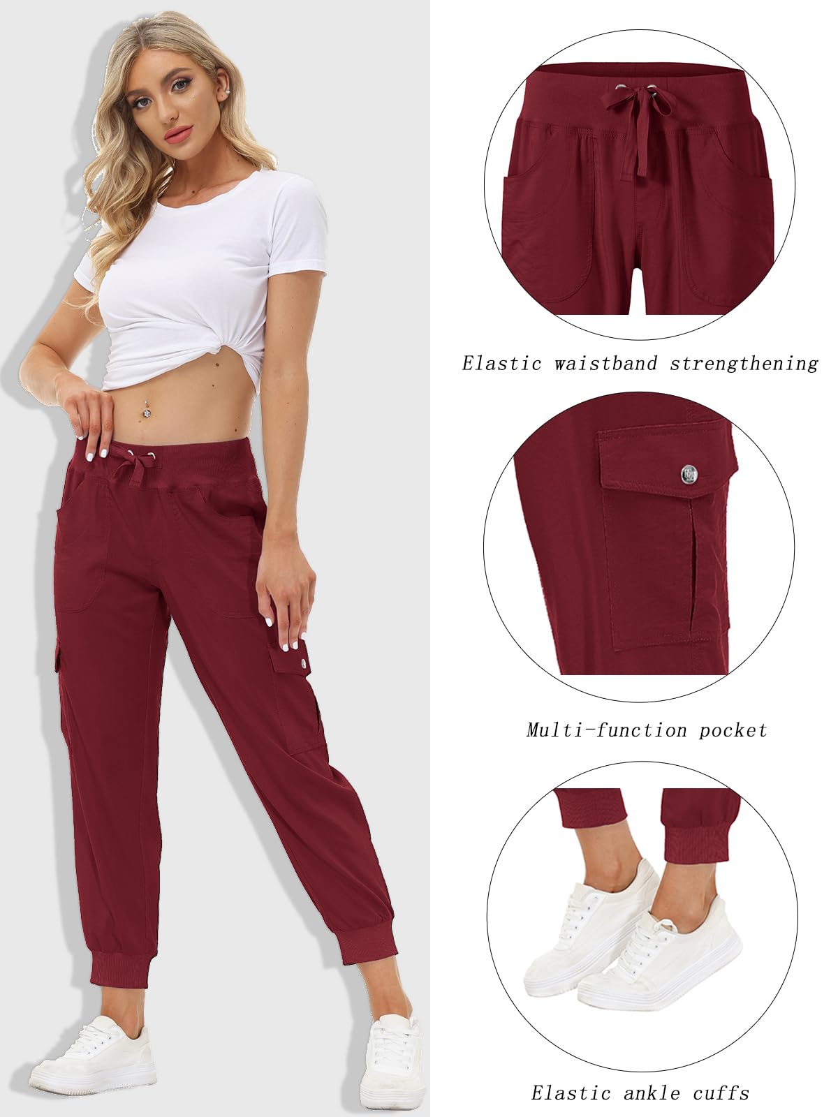 MoFiz Hiking Cargo Pants for Women with Pockets Lightweight Quick Dry Athletic Outdoor Summer Travel Casual Joggers Sweatpants Wine Red 4XL
