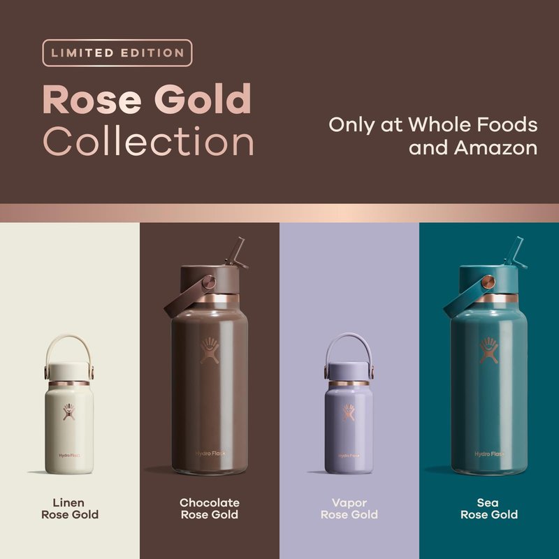 Hydro Flask Water Bottle - Insulated Stainless Steel - Wide Mouth Flex Straw Lid, Non Spill, Leakproof and Refillable in 32 Oz Chocolate Rose Gold