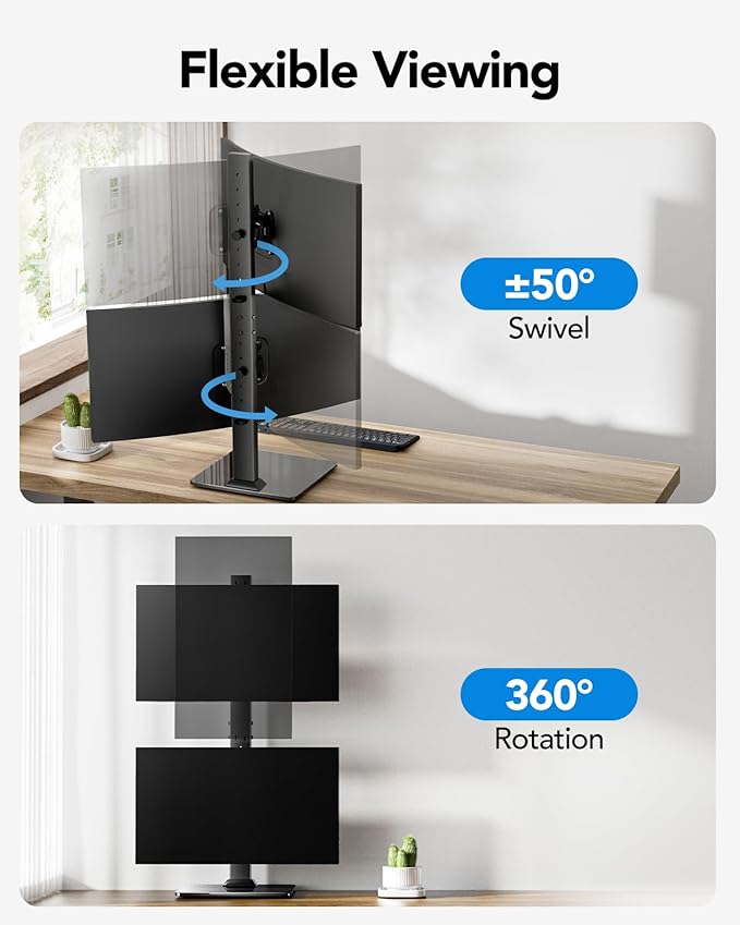 HUANUO Dual Monitor Stand for 13 to 34 Inch, Max Load 44 lbs, Vertical Monitor Mount, Freestanding Monitor Riser with Swivel, Tilt, Rotation, 13 Height Settings, Max VESA 100x100