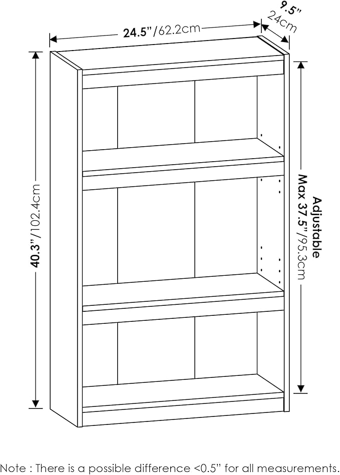 Furinno Jaya Book Shelf, 3-Tier Modern Bookshelf with Adjustable Shelf, Bookcase with Open Shelf, 9.5 x 24.5 x 40.3, for Organization and Storage, for Living Room, Bedroom, Home Office, Amber Oak