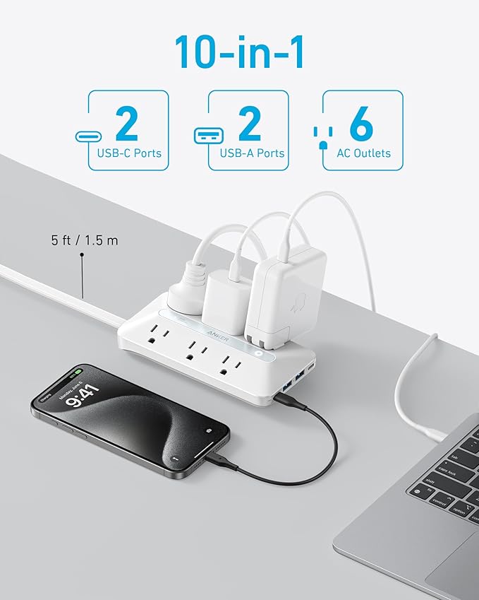 Anker Power Strip with 300J Surge Protector, Flat Plug Extension Cord with Multiple Outlets, 6 AC, 2 USB A & 2 USB C Ports for 20W, 5ft Outlet Extender, Dorm Room Essentials, Home Office