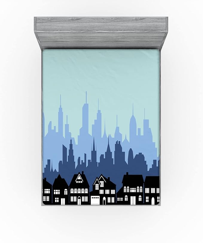 Ambesonne Silhouette Fitted Sheet, City Houses Business Skyline Urban Outdoor Scene Illustration, Bed Cover with All-Round Elastic Deep Pocket for Comfort, Full Size, Black Seafoam and Blue Grey