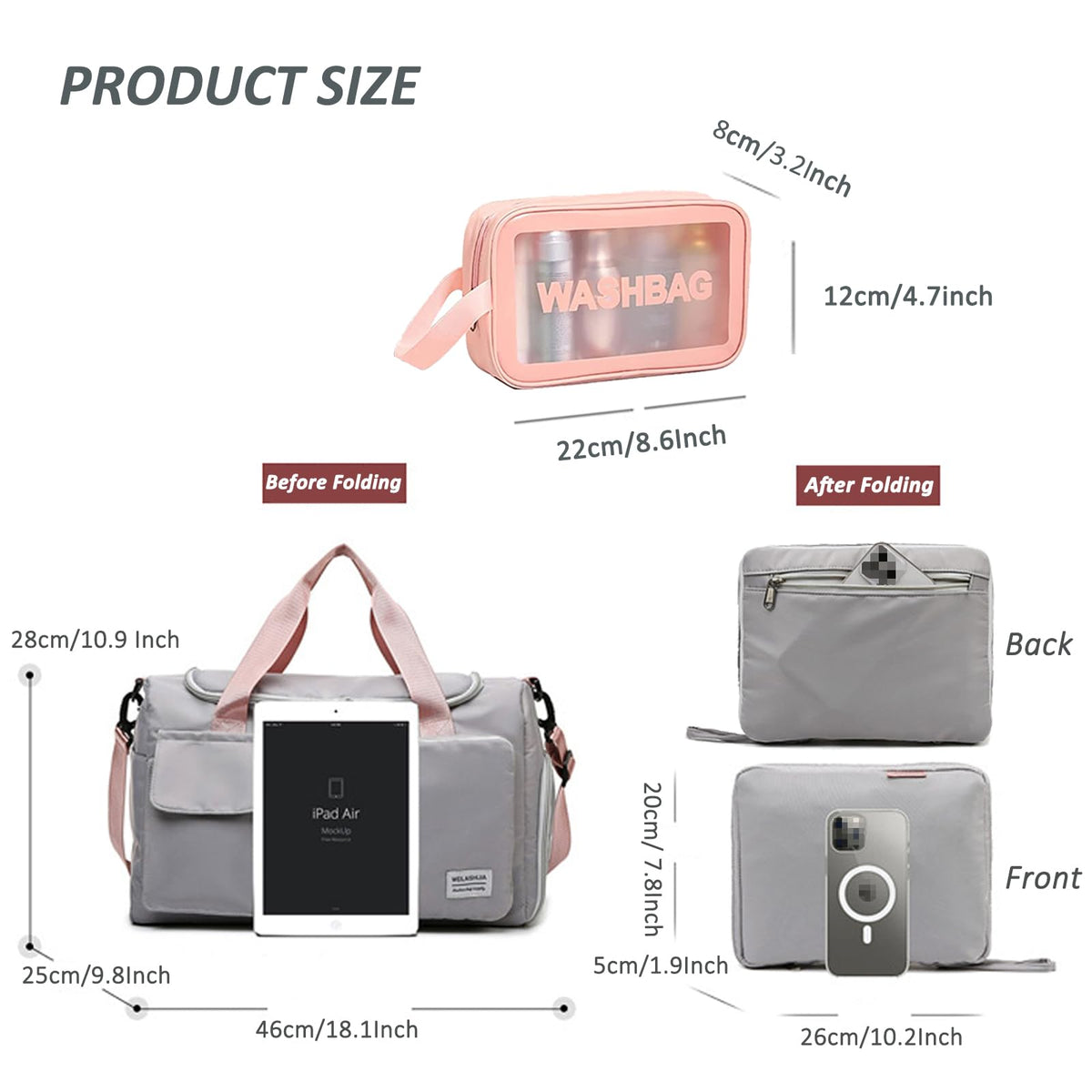 Gym Bag for Women, Dance Bag, Overnight bag, Foldable Travel Duffel Bag, Gym Bag with Wet Pocket & Shoes Compartment, Hospital Bag, Small Luggage Bag for Women and Man (Black+Toiletry Bag)