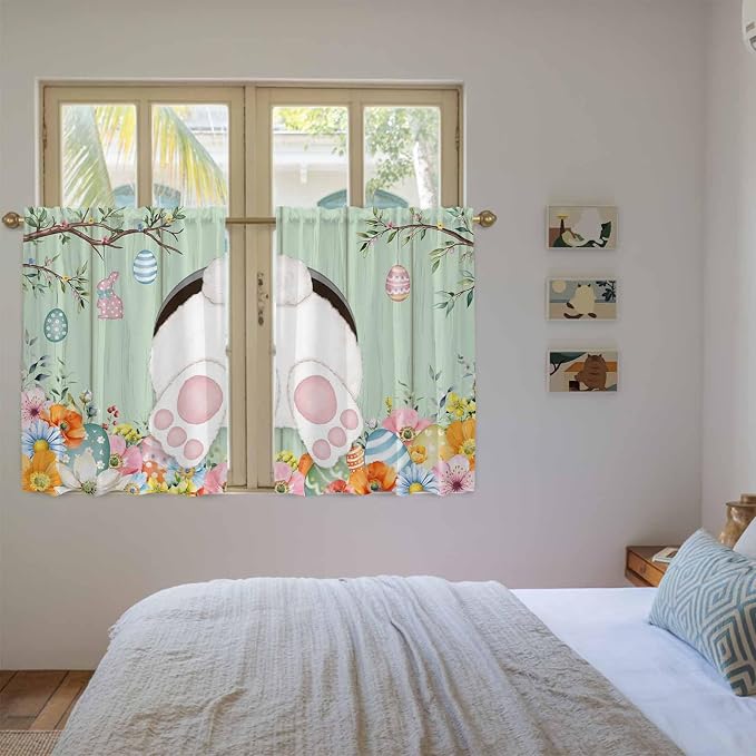 Easter Kitchen Curtains 45 Inch Long 2 Panel Set, Rod Pocket Window Treatment