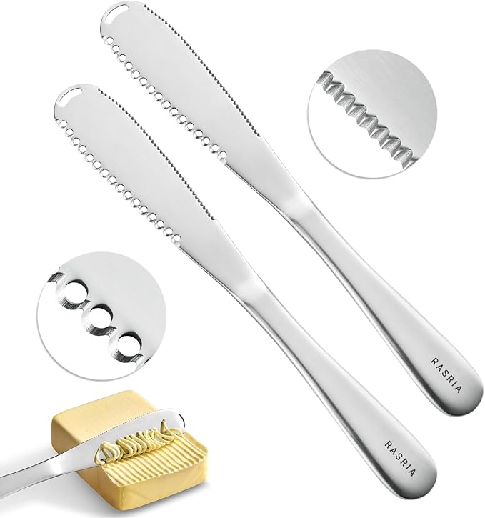 RASRIA 3-in-1 Stainless Steel Butter Knife for Cold & Hard Butter – Butter Spreader, Curler & Slicer with Crescent Hole