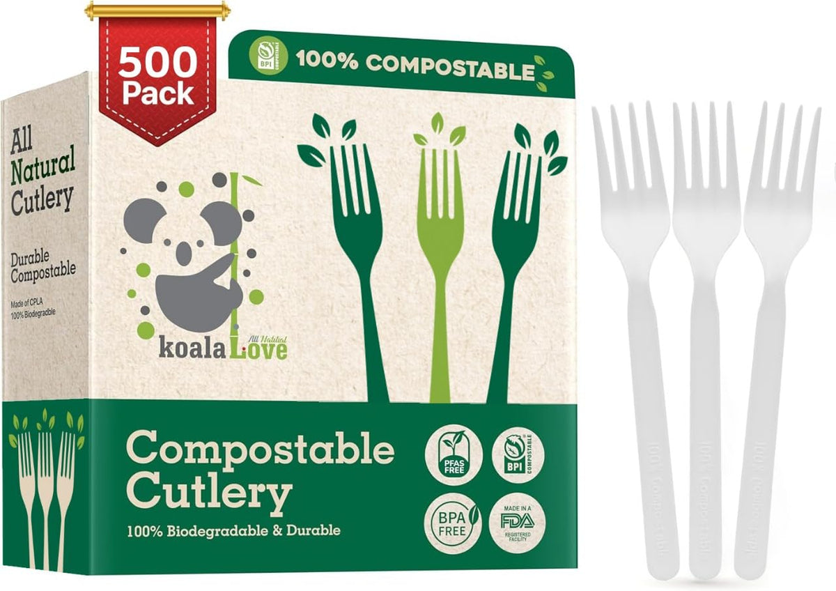 100% Compostable Forks 150 Large biodegradable Disposable Compostable Cutlery Silverware Utensils durable and heat resistant alternative to plastic forks with convenient tray by KOALALOVE