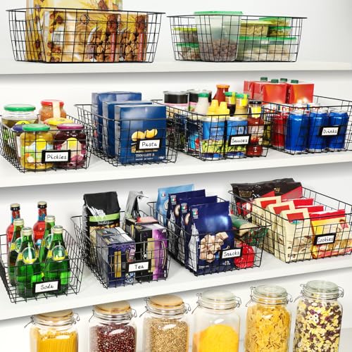 8 Set, Extra Large Wire Baskets for Organizing with Lables, Cabinet Pantry Organization and Storage Bins - Metal Basket for Kitchen, Laundry, Garage, Fridge, Bathroom Countertop Organizer, Black - size: Large-8 Pack