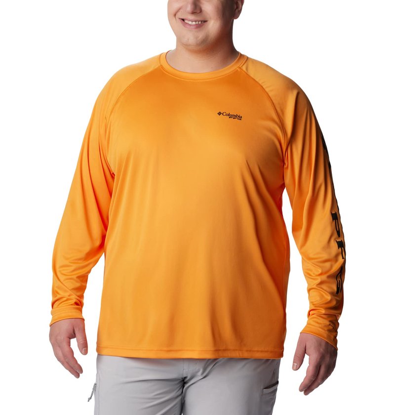 Columbia Men's Terminal Tackle Long Sleeve Fishing Shirt, Orange Blast/Black Logo, Small