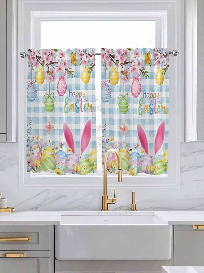Happy Easter Kitchen Curtains 54 Inches length, Spring Watercolor Bunny Eggs