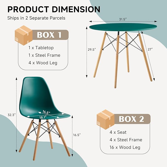 31.5'' 5 Piece Round Dining Table Set for 4, Mid-Century Modern Table with Chairs, Space Saving, Plastic Seats, Wood Legs, Circle Dinner Table for Kitchen, Home, Apartment, Green