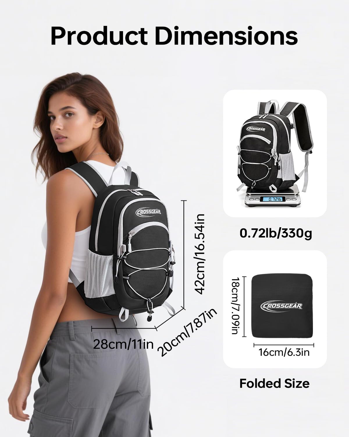 CROSSGEAR 24L Hiking Backpack, Lightweight Foldable Packable Daypack with RFID Pocket, Multi-Pocket, Nylon Small Travel Backpack, Water Resistant for Travel, Camping, Outdoor, Black