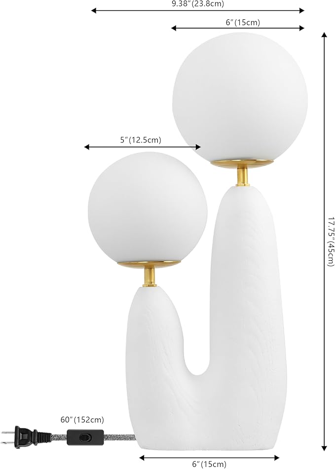 JONATHAN Y 17.75" White/Brass Gold Modern Bohemian Danish Cactus LED Table Lamp, 2-Light Mid-Century Minimalist Desk Light for Bedroom Living Room, Frosted Glass Globe Shades (JYL4065B)