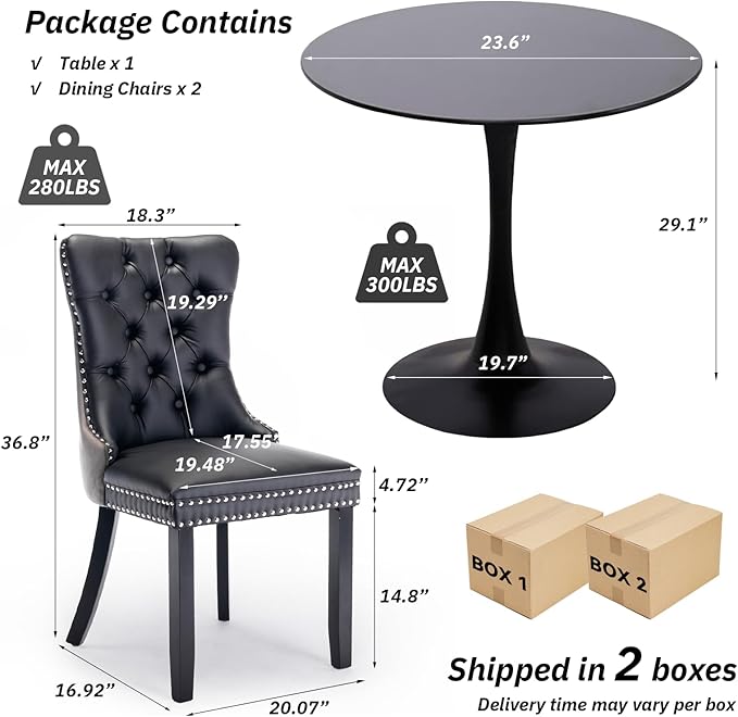 SoarFlash Kitchen Table and Chairs for 2, 24" Dining Table Set for 2 with Leather Upholstered Chairs, 3 Piece Round Kitchen Table Set, Dining Room Table Set for Small Space, Apartment