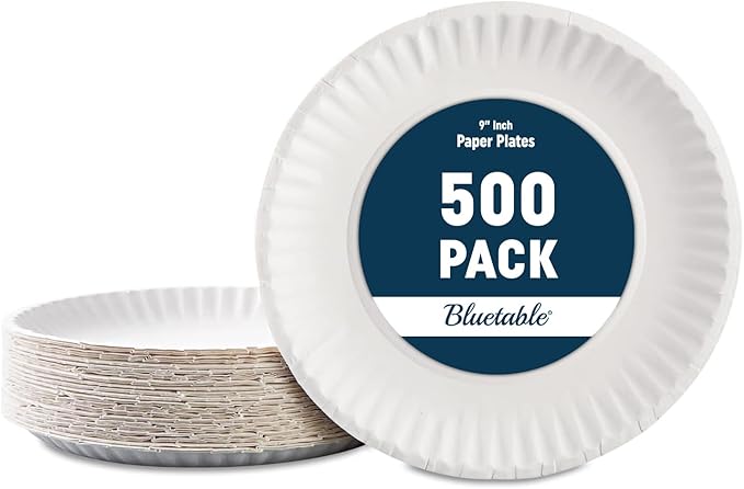 Bluetable 9 Inch Paper Plates Bulk – 1000 Count - Uncoated White 9” Dinner Plate Pizza Plate Decorative Craft Paper Plates Disposable Plates [1000 Pack/Case]