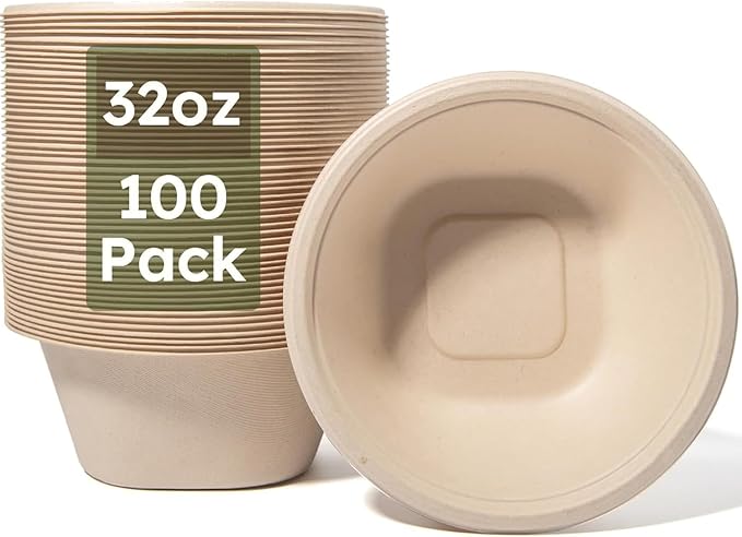 Paper Bowls, 32 Oz Disposable Bowls [100 Pack] Heavy Duty Compostable Deep Disposable Soup Bowls, Eco-friendly Biodegradable Bagasse Hot Cold Microwavable Bowls for Salad, Cereals, Dessert