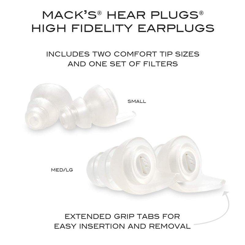 Mack's High Fidelity Ear Plugs for Concerts, Musicians, Motorcycles, Noise Sensitivity - 1 Pair (2 Comfort Tip Sizes) - Clear Hear Plugs with Case