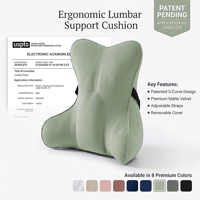 Ergonomic Lumbar Support Pillow(Pat. Pend) – Multi-Functional Back Cushion with Firm Support for Reading, Working & Driving,Celadon Green