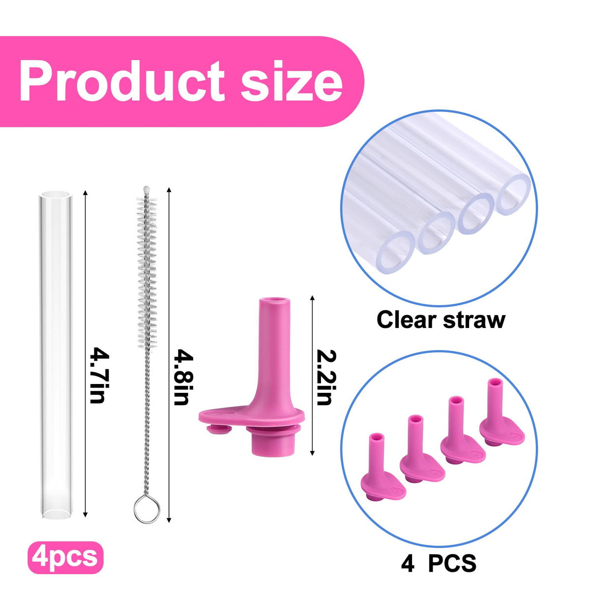 XANGNIER Replacement Straws and Bite Valve Compatible with Zak Designs Kelso 15 oz Tumbler Water Bottle,4 Pcs Silicone Straws with Cleaning Brush for Zak Designs Kelso 12 oz Cups,Hot Pink