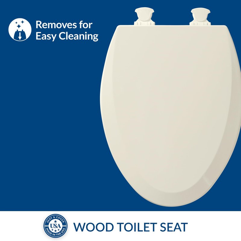 Bemis 1500EC Durable Wood Toilet Seat with Easy Clean Hinges, Made in USA, Elongated, Biscuit