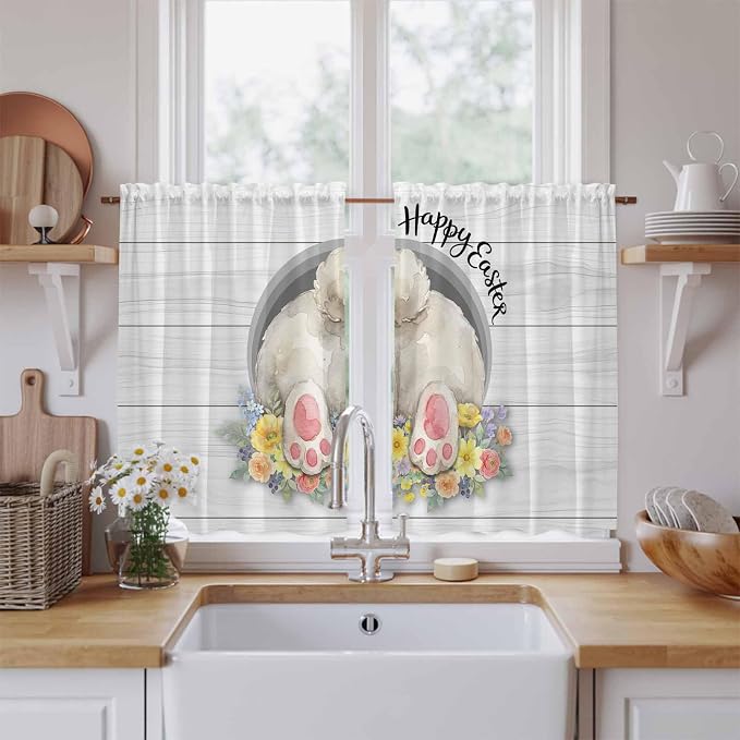 Easter Bunny Kitchen Curtains 45 Inch Long 2 Panel Set, Rod Pocket Window