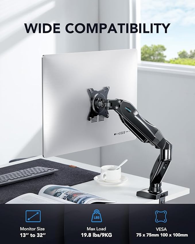 HUANUO FlowLift™ Single Monitor Mount, 13 to 32 Inch Monitor Arm, Adjustable Monitor Stand, Vesa Mount with Clamp and Grommet Base - Fits 4.4 to 19.8lbs LCD Computer Monitors