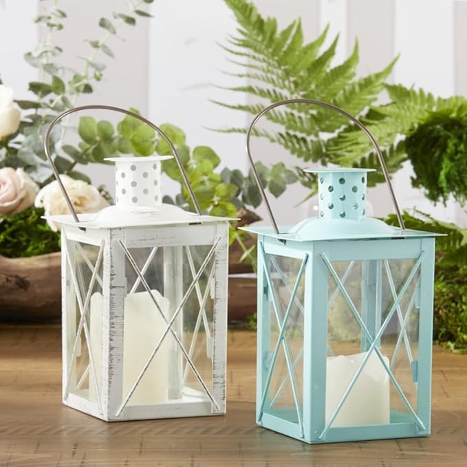 Kate Aspen Rustic Shelf Decor Luminous Vintage Tea Light Votive Candle Holders, Medium Metal Decorative Lantern, Teal Blue