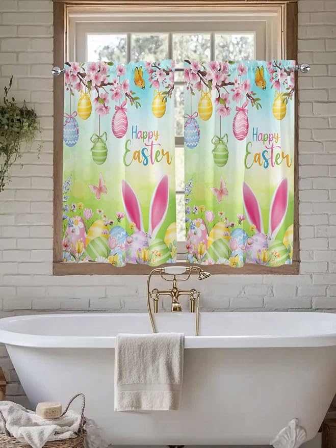 Easter Kitchen Curtains 54 Inches length, Spring Bunny Colorful Rabbit Eggs