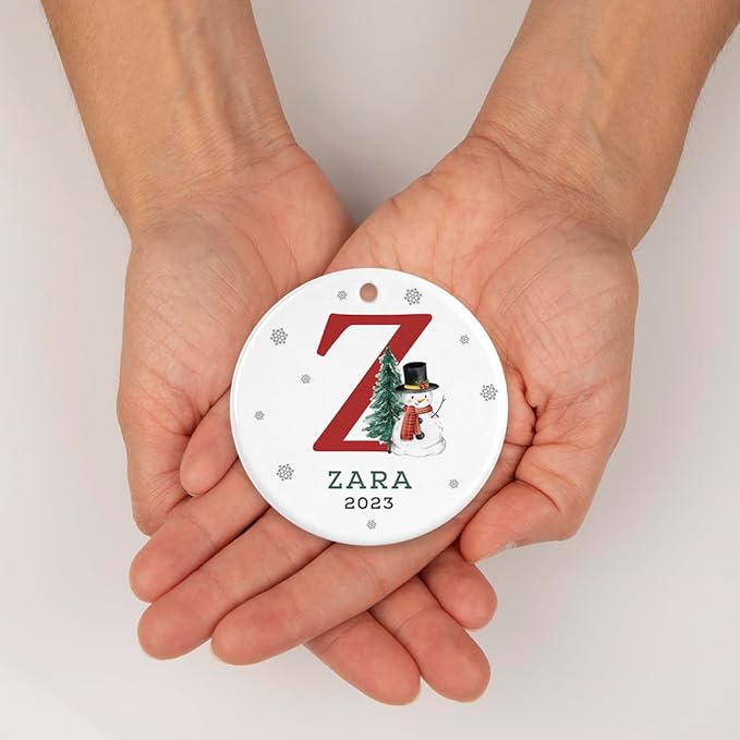 Andaz Press Personalized Christmas Ornaments, Custom Name, Initial Z Monogram Snowman 2.8" Ceramic Porcelain 2025 Christmas Ornament Keepsake for Kids, Boys, Girls, Christmas Initial Ornaments 1-Pack
