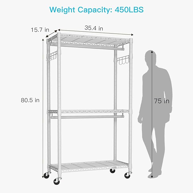 FUTASSI P1 Heavy Duty Garment Rack, 3 Tiers Adjustable Rolling Metal Closet Organizer with Lockable Wheels, FreeStanding Wardrobe with Double Hanger Rods & 1 Pair Hooks, Max Load 450 LBS, White