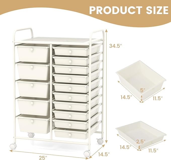 COSTWAY 15 Drawer Rolling Storage Cart, Mobile Utility Cart with Lockable Wheels, Drawers, Multipurpose Organizer Cart for Home, Office, School, White