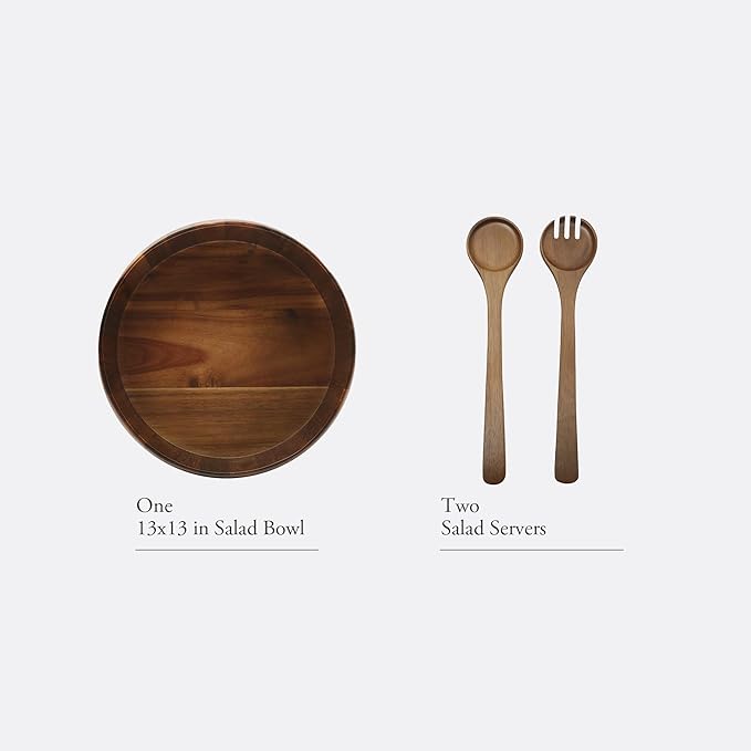 Gibson Home Laurelton 3-Piece Acacia Wood Salad Serving Bowl Set – Large 13-Inch Bowl with 2 Serving Tools