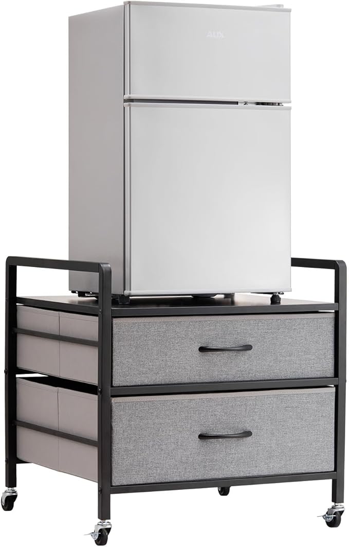 VEVOR Mini Fridge Stand with Storage, 176 lb-Capacity Mini Fridge Table with 2 Drawers & 4 Swivel Wheels, Mobile Mini Fridge Shelf, Gray Mini Fridge Organizer for Dorm, Apartment, Office, Bedroom