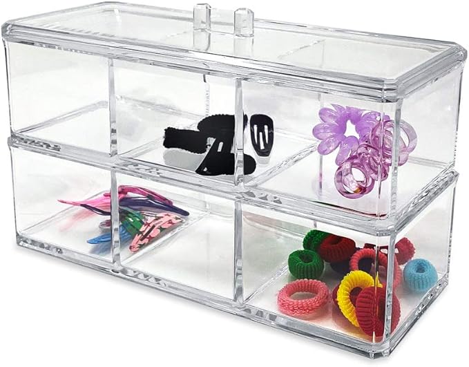 Isaac Jacobs 3-Compartment Clear Acrylic Rectangular Stackable Organizer with Lid, Multi-Sectional Drawer Tray, Storage Solution for Makeup, Craft Supplies, for Bathroom, Kitchen, Office (2, Clear)