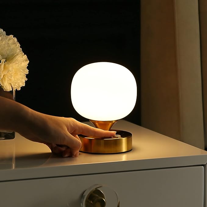 JONATHAN Y 6.13" Brass Gold/White Modern Cordless Rechargeable LED Table Lamp, Frosted White Glass Shade, Touch Dimmable Mini Accent Light for Bar, Bedroom, Nightstand (JYL7112C)